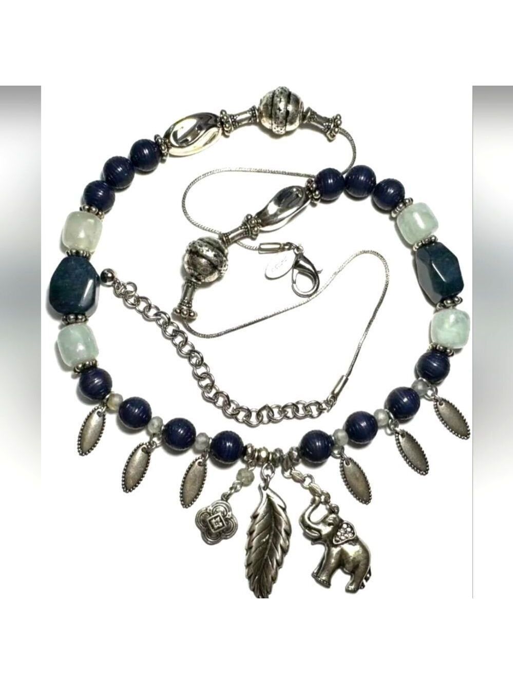 Vintage Necklace Signed CHICO'S Silver Tone Long Elephant Feather Blue 36.5"